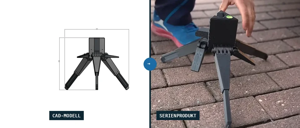 Von der Idee zum Produkt: CAD-Maßbild des KANID SoloMeter 2.0 neben dem Serienprodukt im Einsatz