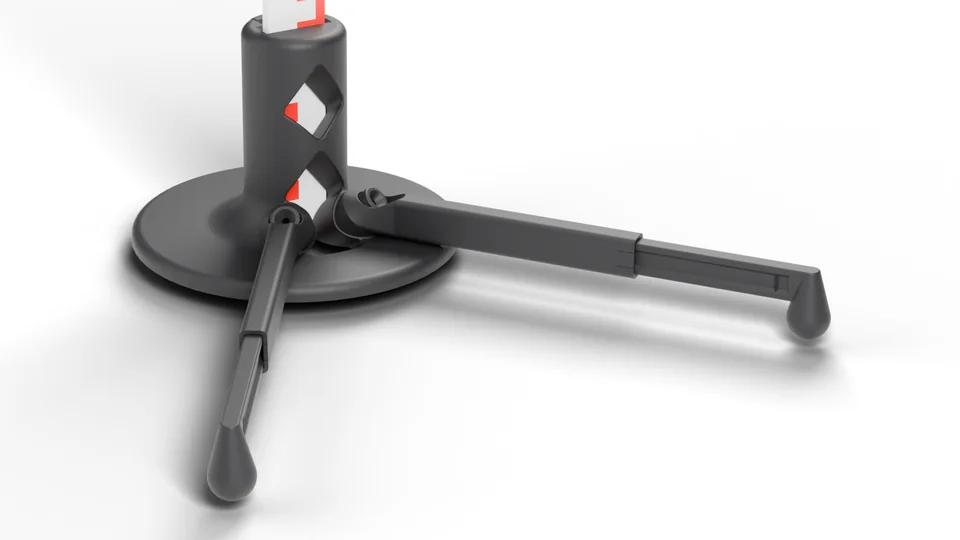 SoloMeter in Serienfarbe Schwarz, Render aus dem CAD-Modell: Zollstockhalter mit Bodenplatte und zwei ausziehbaren Standfüßen