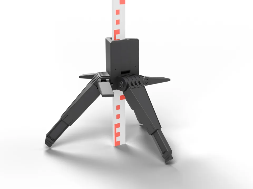 SoloMeter 2.0: schwarzer Zollstockhalter mit drei ausgeklappten Füßen und eingestecktem Gliedermaßstab, gerendert aus dem CAD-Modell